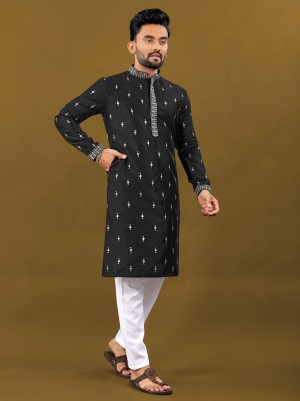 Traditional embroidery beautiful latest rayon silk cotton black kurta pajam